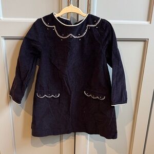 Bella Bliss Navy Blue Long Sleeve Corduroy Dress with White Trim
